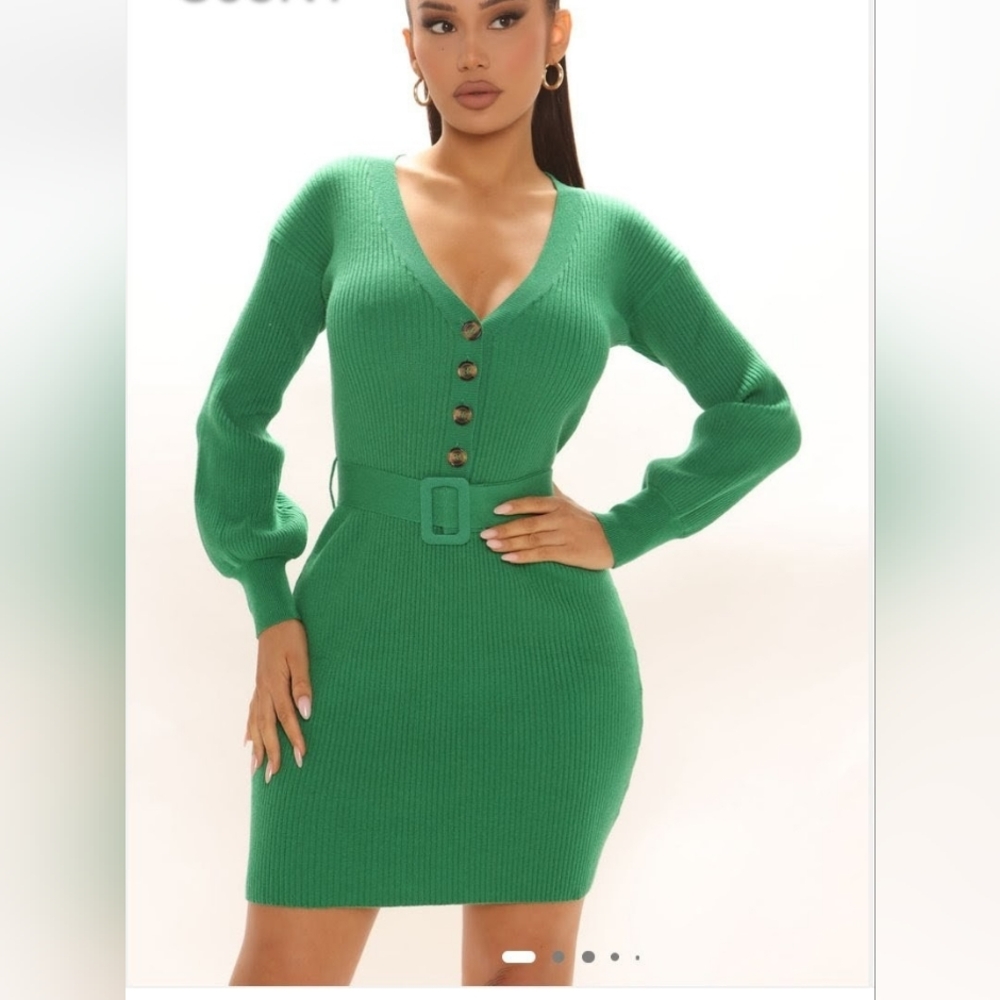 Fashion Nova Emerald Ribbed V‑Neck Belted Sweater Dress - Picture 2 of 2